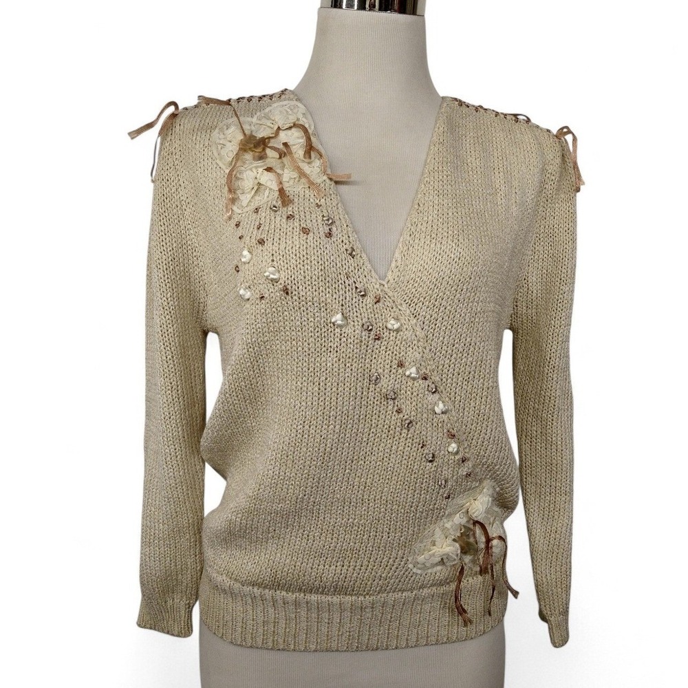 80s Dainty coquette vintage cozy romantic Sweater w/ ribbon Lace Neutral Cream